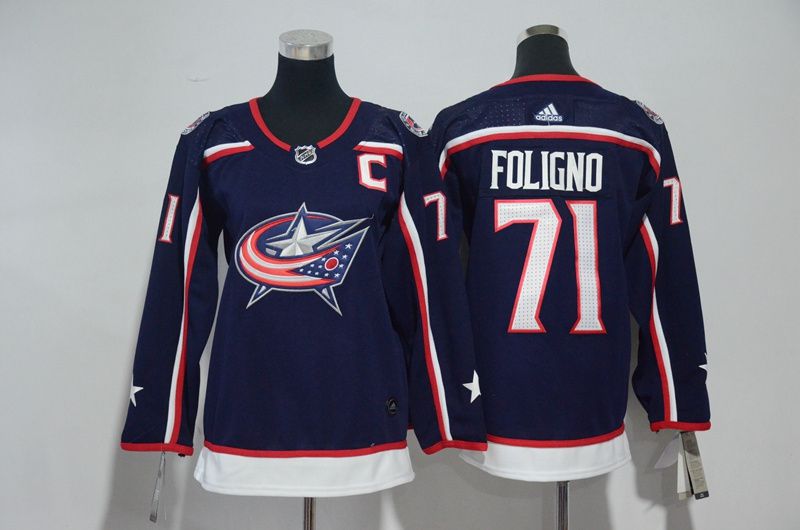 Women Columbus Blue Jackets #71 Foligno Blue Hockey Stitched Adidas NHL Jerseys->women nhl jersey->Women Jersey